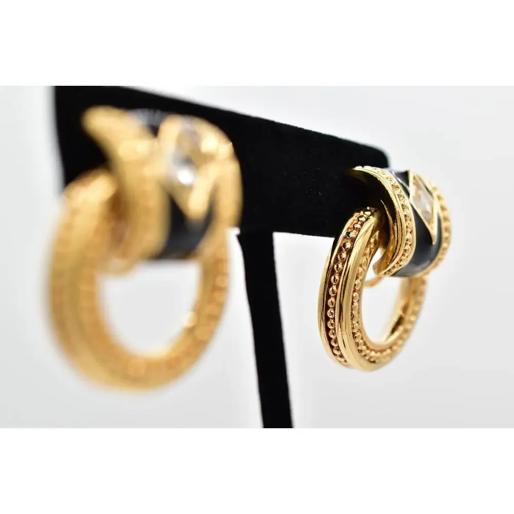 Swarovski Vintage Crystal Clip On Earrings Black Dangle Gold Swan Signed BinBK